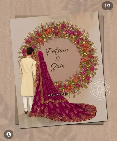 Muslim Wedding Couple Illustration, Shadi Card Design Muslim, Indian Wedding Illustration Art, Nikah Illustration, Muslim Wedding Caricature, Pakistani Wedding Invitations, Pakistani Wedding Cards, Wedding Illustration Card, Couple Illustration Wedding