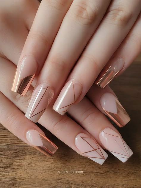 35+ Rose Gold Coffin Nail Designs Fall Nail Designs Autumn Classy, Nails Acrylic French, Gold Coffin Nails, Long Fake Nails, Short Coffin Nails Designs, Rose Gold Nail Art, Rose Gold Nail Polish, Coffin Nail Designs, Rose Gold Nails Design