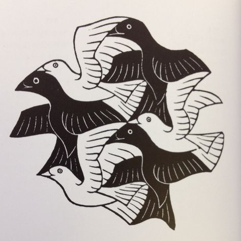 Plane - Filing motif with birds. M.C. Escher. 1949 Wood engraving. 68mmx54mm  Another by MC Escher. I like this one because It almost looks simple, but as we know it is not. Rhythm In Design, Mc Escher Art, Escher Drawings, Unity Drawing, Escher Tessellations, Mathematical Drawing, White Bird Tattoos, Escher Art, Rhythm Art