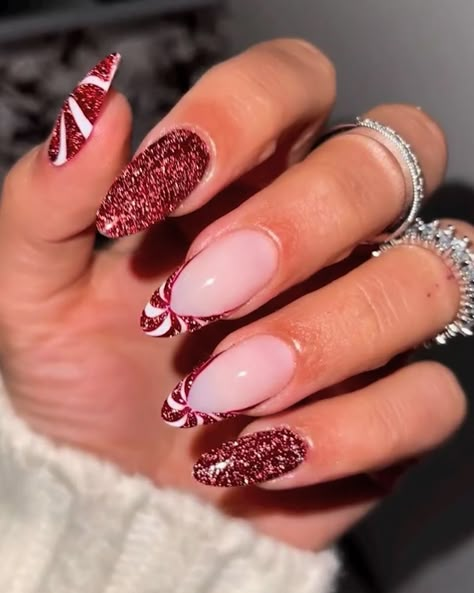 Shiny Christmas Nails, Pink Peppermint Nails, Faith Nails Designs, Bright Christmas Nails, Glittery Christmas Nails, Purple Christmas Nails, Glittery Nail, Snowflake Nail, Candy Cane Nails