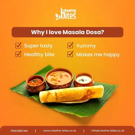 Why I love masala #dosa (comment)  #creativebites #dosa #creativebite #masala #cheese #creative #inlondon🇬🇧 #ukblogger #influencer #inukblog #indiansweets #india #indianbiryani #indiantaste Social Media Campaign Design, Masala Dosa, Restaurant Poster, Design Installation, Happy Rakshabandhan, Healthy Bites, Social Media Marketing Business, Indian Sweets, Graphic Designing