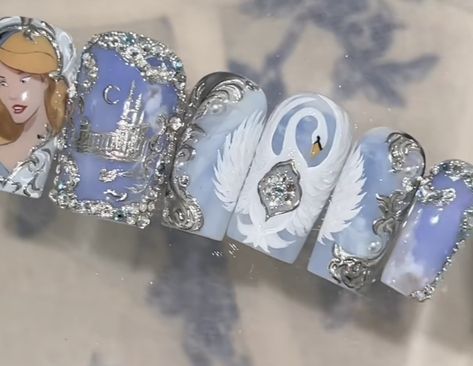 Nails by vivxue🦢 Princess Nails Design, Swan Nails Design, Swan Lake Nails, Swan Nail Art, Rococo Nails, Lake Nails, Bridgerton Nails, Swan Nails, Princess Nail Designs