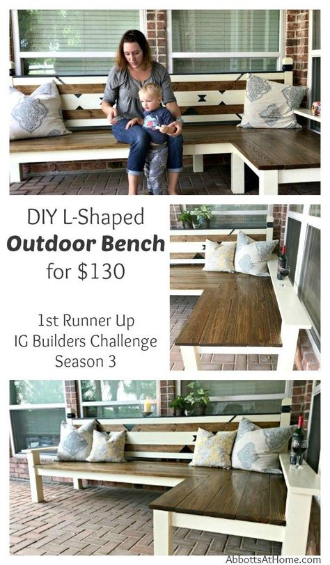 How I built my L-shaped DIY Outdoor Bench for $130, awarded 2nd place in the IG Builders Challenge, season 3 Diy Wood Bench Outdoor, Outdoor Corner Bench, Backyard Bench, Diy Outdoor Bench, Wood Bench Plans, Wood Bench Outdoor, Diy Wood Bench, Outdoor Organization, Diy Bench Outdoor