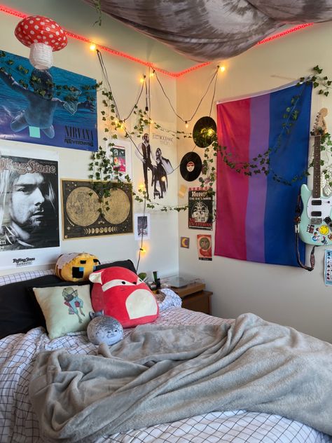 Lgbtq Bedroom Ideas, Pride Bedroom, Pride Flag On Wall, Lesbian Bedroom, Pride Flag Bedroom, Pride Bedroom Ideas, Gay Room Aesthetic, Pride Decorations, Lgbtq Room Ideas