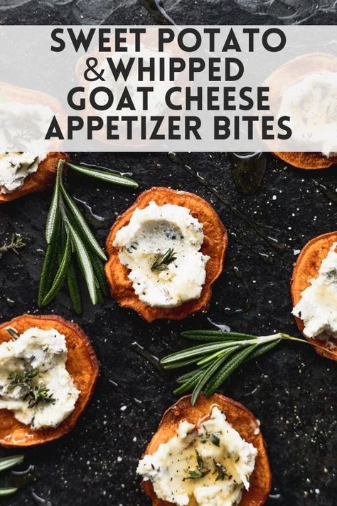 Loaded Sweet Potato Skins, Sweet Potato Party Food, Goat Cheese Hors D’oeuvres, Sweet Potato And Goat Cheese Recipes, Sweet Potato Hors D’oeuvres, Orange Appetizers For Party, Sweet Potato Bites Appetizer, Mini Potato Appetizers, Sweet Potato Goat Cheese Recipes