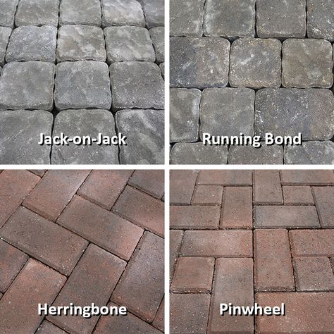 Jack-on-Jack, Running Bond, Herringbone and Pinwheel Paving Stone Patterns. Walkway Pattern, How To Lay Pavers, Patio Blocks, Paver Patterns, Diy Patio Pavers, Interlocking Pavers, Brick Paver Patio, Fire Pit Materials, Paver Designs