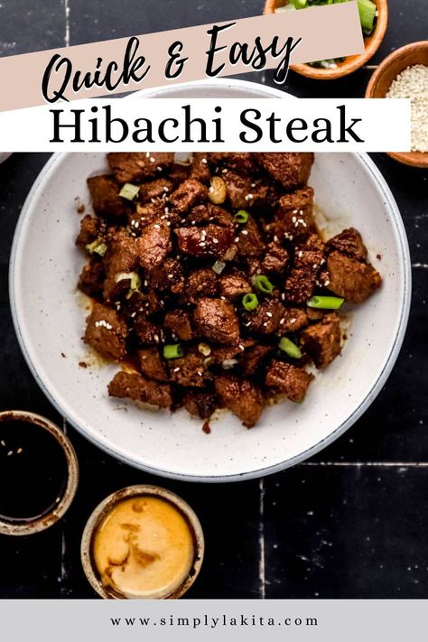 Hibachi Steak is juicy, tender, and flavorful pieces of sirloin steak. It's made with a few ingredients including a tasty marinade, making it a quick and easy recipe that's perfect for a delicious weeknight-friendly dinner at home. simplylakita.com #hibachisteak Hibachi Steak Recipe, Blackstone Hibachi, Marinated Steak Recipes, Sirloin Recipes, Hibachi Steak, Hibachi Recipes, Sirloin Steak Recipes, Leftover Steak, Easy Steak Recipes