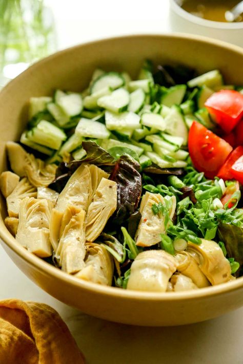 Marinated Artichoke Salad - Crave-Worthy How To Use Marinated Artichoke Hearts, Marinated Artichoke Salad, Recipes With Marinated Artichokes, Recipes With Marinated Artichoke Hearts, Salad With Artichoke Hearts, Artichoke Salad Recipes, Marinated Artichokes, Tomatoes And Cucumbers, Grilled Broccoli