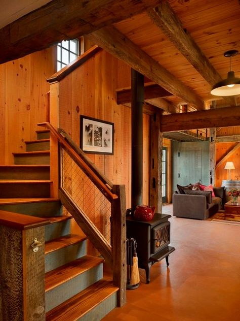 Cabin Stairs, Barn Conversion Interiors, Rustic Design Style, Rehab Addict, Rustic Staircase, 1920s Bungalow, Rustic Stairs, Traditional Staircase, Log Cabin Designs