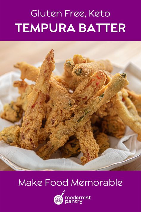 A crispy bite with the perfect golden brown exterior. Gluten free, keto friendly AND delicious, this tempura batter has it all.  #tempurabatter #glutenfreetempura #ketotempura #tempurarecipe Keto Tempura, Keto Tempura Batter, Gluten Free Tempura Batter, Tempura Califlour, Tempura Batter Cauliflower, Vegan Tempura Vegetables, Low Carb Sushi, Tempora Batter Tempura Vegetables, Molecular Gastronomy Recipes