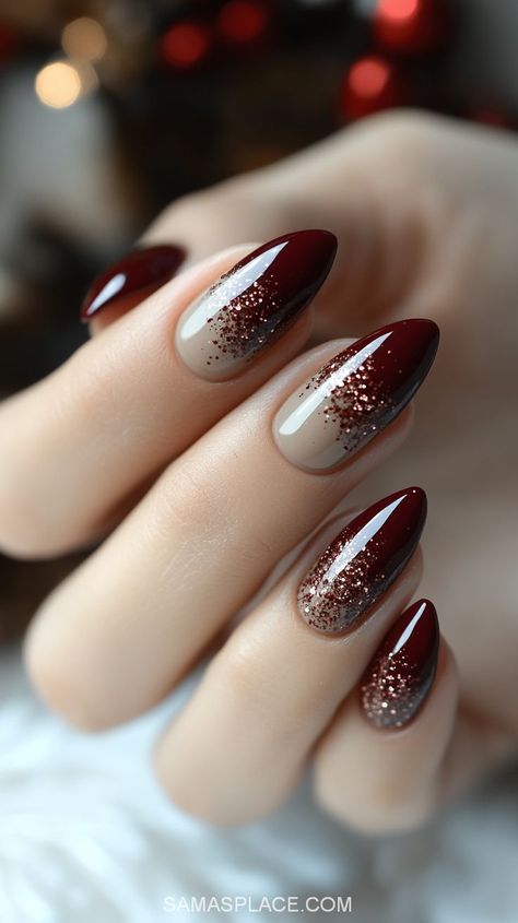 Combine elegance and sparkle with these Thanksgiving Nail Ideas featuring dark burgundy nails and glittery tips. Perfect for 2024 holiday parties, this design brings sophistication and charm to your Thanksgiving style. Burgundy Gel Nails Design, Warm Nail Designs, Fun New Years Nails, Dark Colour Nails Designs, Burgundy Holiday Nails, Burgundy Sparkle Nails, Latest Nails Design 2024, Dark Red Nails With Glitter, Garnet Nails Designs