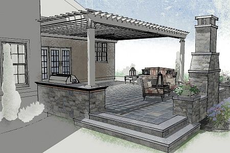 Raised patio and pergola... Like this but maybe with round edges. Pergola Modern, Diy Patio Ideas, Small Outdoor Patios, Outdoor Covered Patio, Balkon Decor, Raised Patio, Concrete Patios, Beach Patio, Backyard Fireplace