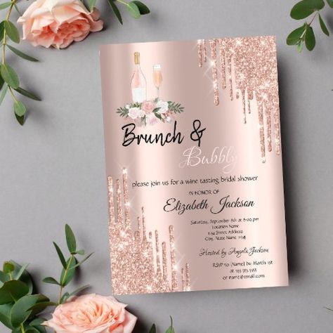 $2.82 | Rose Gold Drips Brunch & Bubbly Bridal Shower - wine bottle, wine glass, wine tasting, cheers to love, floral, watercolor, brunch, glitter, drips, rose gold 1st Wedding Anniversary Quotes, 1st Wedding Anniversary Gift For Him, Wine Bridal Shower Invitations, Wedding Anniversary Quotes, Bridal Shower Wine, Addressing Wedding Invitations, Brunch Bubbly, 1st Wedding Anniversary, Cheap Wedding Invitations