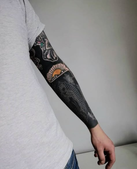 White Over Black Tattoo, Blackout Sleeve, White Tattoo Ideas, Black Tattoo Ideas, Cover Up Tattoos For Men, Black Ink Tattoo, Black Sleeve Tattoo, Black Tattoo Cover Up, Black White Tattoos