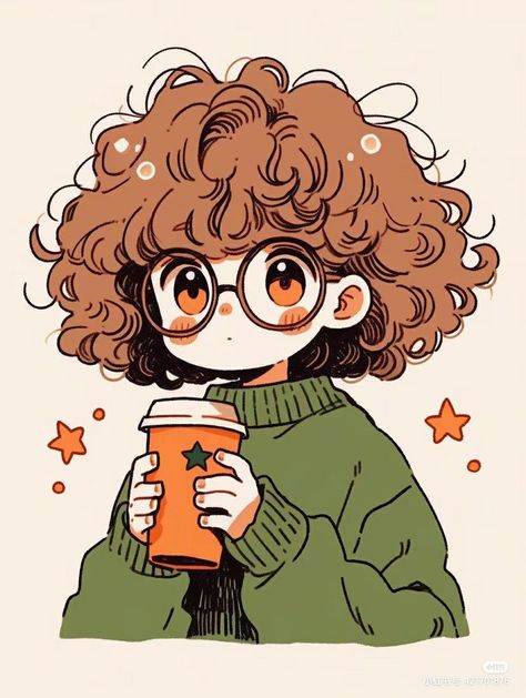 A Drawing, A Girl, Curly Hair, Coffee, Green, Hair