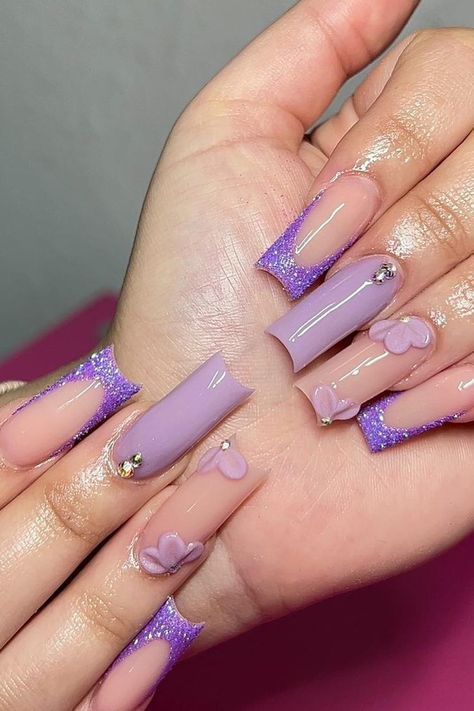 Purple Acrylic Nails With 3d Flowers, Gel X Nails Purple, Purple Glam Nails, Purple Nails With Rhinestones, Glittery French Tips, Purple Fairy Nails, Glittery Purple Nails, Lavender Wedding Nails, Pretty Purple Nails