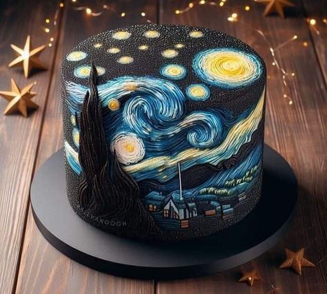 Bolo Van Gogh, Van Gogh Cake, Starry Night Birthday, Gogh Cake, Birthday Hacks, Vincent Van Gogh Starry Night, 17 Birthday Cake, Artist Cake, Cake Birthday Cake