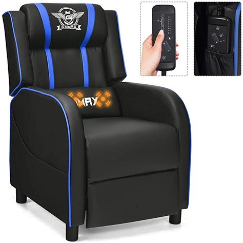 Amazon.com: GYMAX Massage Gaming Recliner Chair, Adjustable Racing Style Single Lounge Sofa with Footrest and Massage Function Modern Living Room Recliner PU Leather Home Theater Seating (Blue): Kitchen & Dining Gamer Girl Desk, Man Cave Essentials, Gaming Sofa, Salon Simple, Living Room Home Theater, Single Couch, Theater Furniture, Awesome Woodworking Ideas, Home Theater Furniture