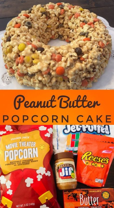 Peanut Butter Popcorn Cake, Fun Desserts To Make With Kids, Popcorn Desserts, Thanksgiving Popcorn, Cake Peanut Butter, Peanut Butter Popcorn, Popcorn Cake, Popcorn Treats, Candy Popcorn