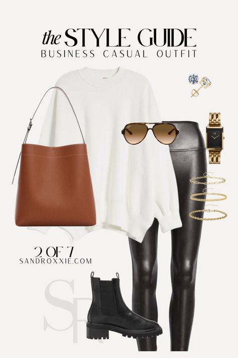 Casual outfit inspo, affordable outfit, achievable outfit, fall outfit, winter outfit, casual business outfit Black Stretch Pants Outfits, Leggings Sweater Outfit, Walmart Leggings, Casual Chic Style Outfits, Leather Leggings Fall, What To Wear With Leather Leggings, Black Leather Leggings Outfit, Winter Outfits Casual Leggings, Faux Leather Pants Outfit