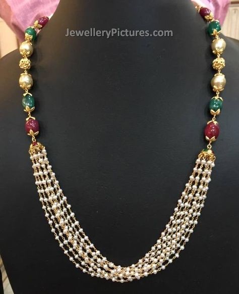 Multi layer pearl gold necklace with small white pearls and red and gree beads along with south sea pearls. For price and weight detail contact: Bhavani Jewellers, Phone: 9908194122 Related PostsIndian Pearl Jewellery Designs CatalogueSouth Indian Pearl Jewellery DesignsPearl Gold Necklace DesignsPearl Long Chain in GoldDesigner Gold JewelleryThree Step Pearls Mala Long chain Pearl Jewellery Designs, Pearls Mala, Pearl And Gold Necklace, Small Pearl Necklace, Pearl Gold Necklace, Gold Jewelry Prom, Delicate Gold Jewelry, Gold Pearl Jewelry, Pearl Jewelry Design