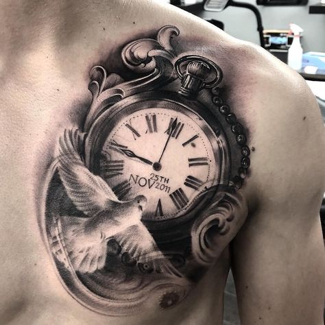 Clock Rosary Tattoo Design, Clock And Bird Tattoo Design, Chest Tattoo Clock, Timeless Clock Tattoo, Timepiece Tattoo, Clock Tattoo Designs, Celtic Warrior Tattoos, Rip Tattoos For Dad, Time Piece Tattoo