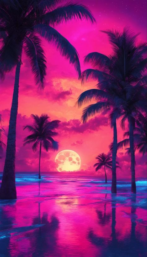 A colorful ocean sunset in Miami with fantasy neon colors and full moon Vaporwave Palm Trees, Tropical Vaporwave, Sunset Collage, Neon Landscape, Jamaica Music, Neon Palm Tree, Beach Jamaica, Neon Sunset, Tropical Neon