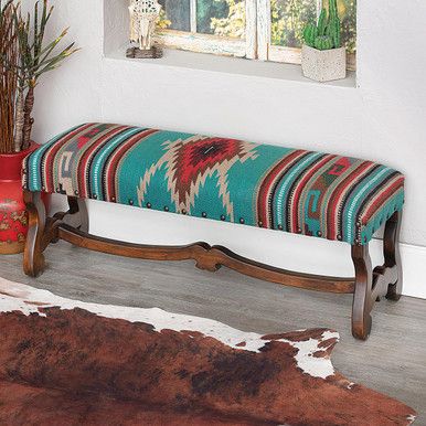 Exclusive Item - Vibrant shades of red, green and burnt orange highlight this beautiful pine bench featuring a colorful handwoven wool upholstered seat and nailhead accents. 54"W x 18"D x 18"H.This item can be customized. Contact us at specialorders@blackforestdecor.com or 1-800-605-0915 to inquire about custom sizes, designs, and options. Southwestern Furniture, Western Chair, Green And Burnt Orange, Southwest Furniture, Wooden Chair Plans, Pine Bench, Ranch Furniture, Western Living Room, Cabin Rugs