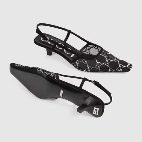 Women's GG slingback pump in black mesh with crystals | GUCCI® UK Gucci Slingback, Gucci Aria, Gucci Pumps, Gucci Store, Mid Heel Shoes, Slingback Shoes, Only Shoes, Trendy Sneakers, Slingback Heel