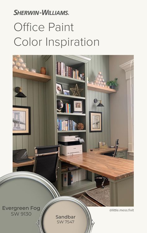 Green Paint Office Design, Sw Retreat Paint Office, Evergreen Fog Paint Strip, Pine Needle Paint Color, Evergreen Fog Color Palette Living Room, Evergreen Fog Office Cabinets, Home Office Paint Ideas Cozy, Painting Home Office Walls Ideas, Office Paint Colors No Windows