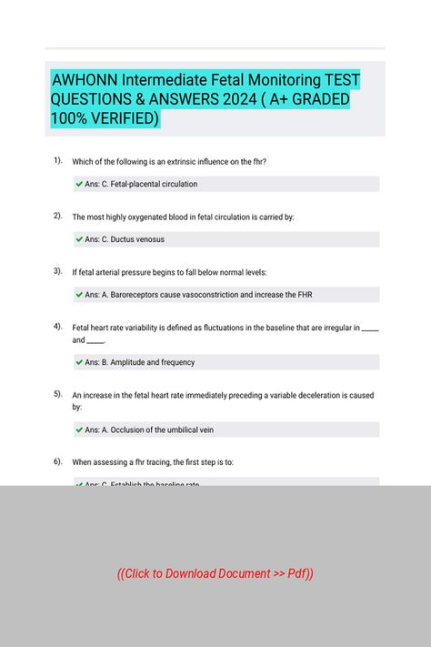 AWHONN Intermediate Fetal Monitoring TEST QUESTIONS amp ANSWERS 2024  A GRADED 100 VERIFIED 
 Follow Link above to Download the document (pdf) Fetal Monitoring, Fetal Heart Rate, A Grade, Student Hacks, Test Questions, Essay Writing Tips, Question And Answer, Essay Writing, Writing Tips