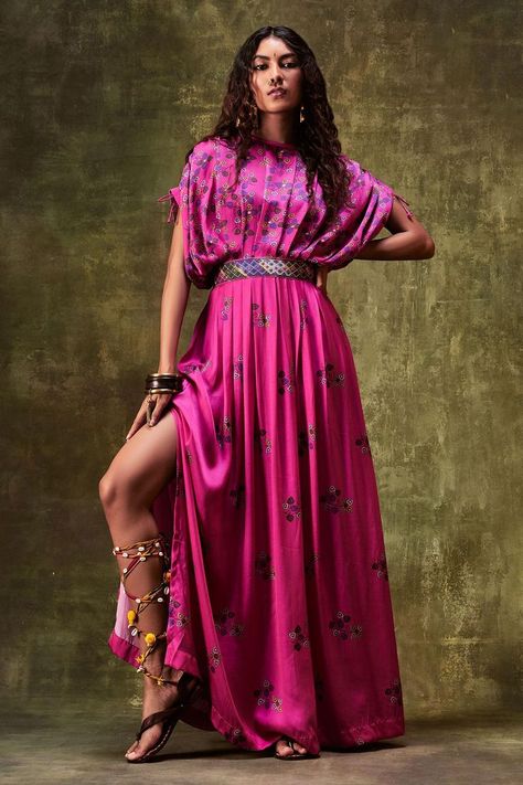 Dress Pink Short, Silk Printed Dress, Punit Balana, Draped Bodice, Silk Print Dress, Indian Fashion Designers, Satin Silk, Printed Dress, Pink Satin