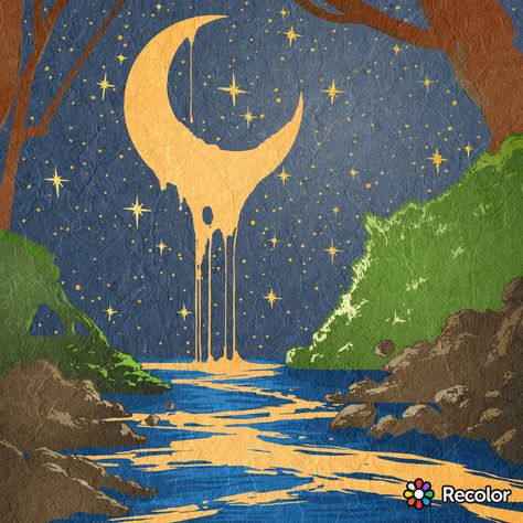 Moonlight on the River; Gradient colors with art paper effect Pretty Moon Drawing, Storybook Art Vintage, Moon River Tattoo, River Mural, Moonlight On The River, Moonlight Drawing, Trippy Moon, Drawing Cartoon Characters Sketches, Elements Of Art Space