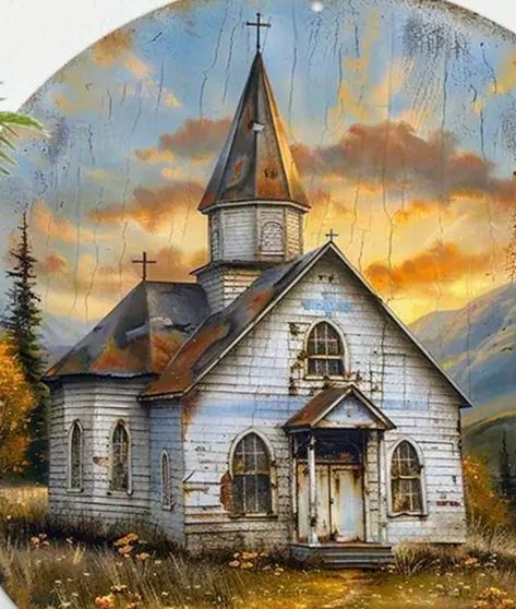 Old Church Paintings, Church Photos, Abandoned Churches, Country Churches, Old Country Churches, Church Pictures, Circle Painting, Farm Houses, Painting Wood