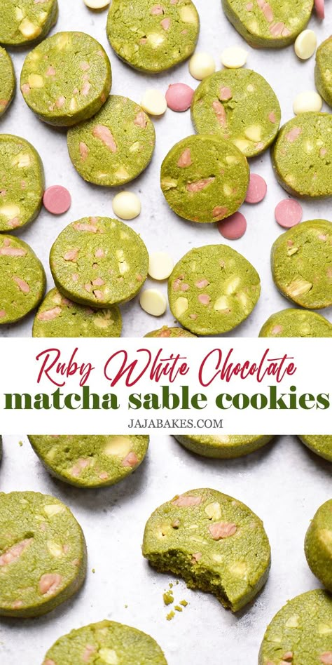 The unique flavor combination of bitter matcha, tangy ruby chocolate, and sweet white chocolate in these Ruby White Chocolate Matcha Sable Cookies is surprisingly delightful! Cookie Flavor Combinations, Ruby Chocolate Cookies, Sables Cookies, Sable Cookies Recipe, Sable Cookie, Matcha Shortbread Cookies, Sable Recipe, Cookies Lebaran, White Chocolate Matcha