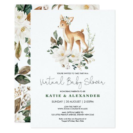 Woodland Deer Ivory Floral Virtual Baby Shower Invitation Deer Baby Shower Ideas, Deer Baby Shower Invitations, Couples Baby Shower Invitations, Baby Shower Invites Neutral, Virtual Baby Shower Invitation, Deer Artwork, Deer Baby Showers, Couples Baby Showers, Woodland Deer