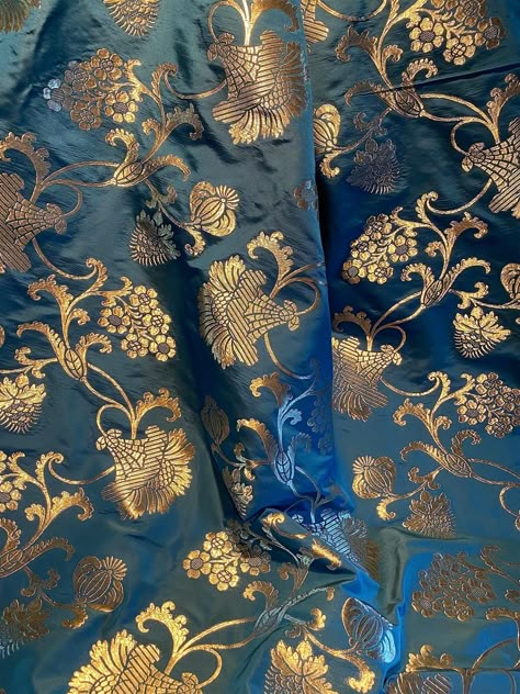 Blue Indian Aesthetic, Ties That Bind, Indian Fabric, Witch Aesthetic, Brocade Fabric, Designer Gowns, Foil Print, Blue And Gold, Blue Aesthetic