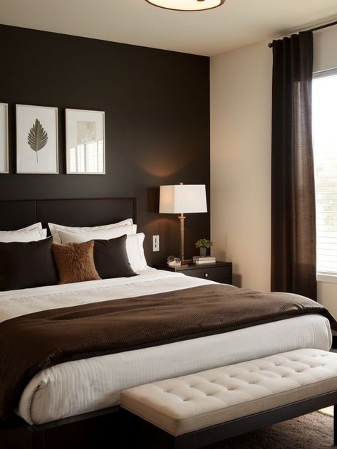 Dark Grey Bed Frame Bedroom Ideas, Black Rug Bedroom, Brown Accent Wall, Brown Bedroom Decor, Black Bedroom Design, Black Bedroom Decor, Grey Bed Frame, Black Bed Frame, Beige Bedroom