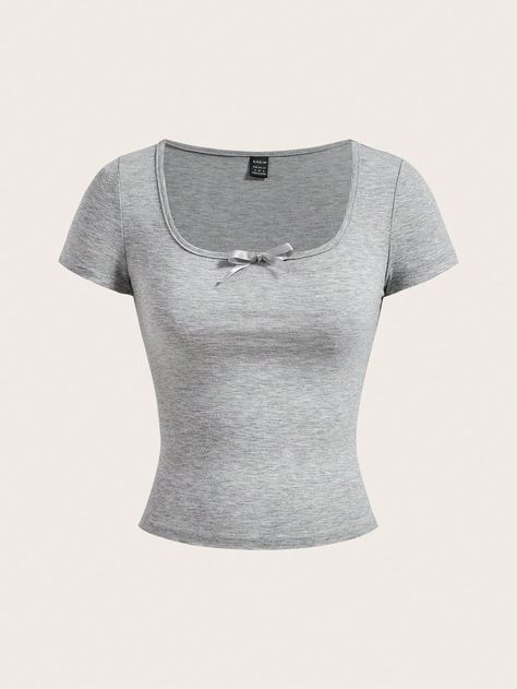 SHEIN EZwear Light Grey Knitted Women's Summer Short Sleeve Tight T-Shirt With Bow Decorated Square NecklineI discovered amazing products on SHEIN.com, come check them out! Trendy Button Up Shirt Outfit, Clothes Shirts & Tops, Dream Clothes T-shirts & Tank Tops, Shien Shirt, Fancy Shirts For Women, Cute Shirts Aesthetic, Coquette Shirts, Shein Shirts, Wishlist Clothes