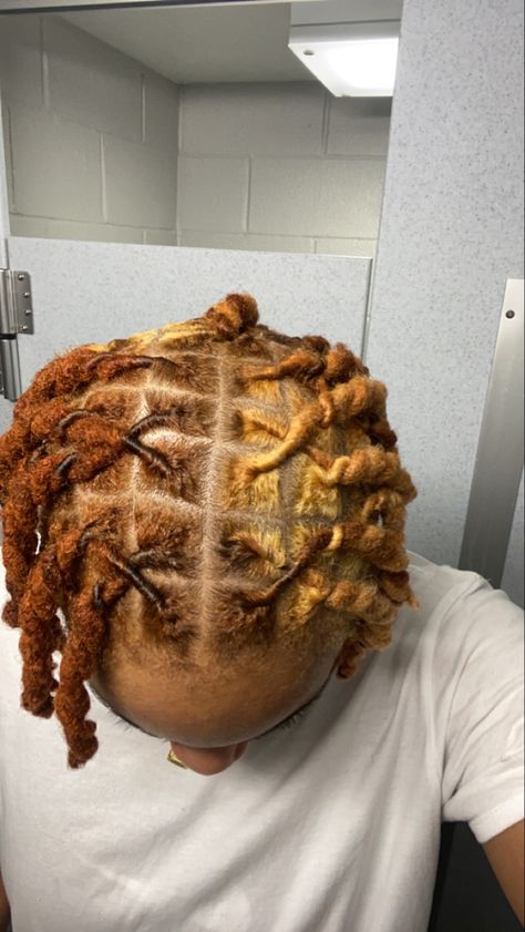 Locs Dread Hairstyles For Men Color, Ginger Dreads Black Man, Half And Half Colored Locs, Half And Half Hair Color Locs, Ginger And Blonde Dreads, Half And Half Locs, Strawberry Blonde Locs, Blonde And Brown Dreads, Ginger Blonde Locs