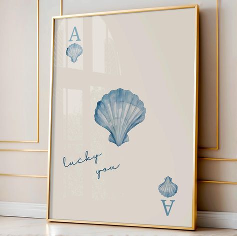 Blue Seashell Print, Coastal Beachy Room Decor, Lucky You Print, Light Blue Prints, Playing Card Print, Apartment Wall Art, Beachy Wall Art Elevate your coastal cowgirl aesthetic with this charming seashell print, perfect for adding a beachy touch to your college dorm or apartment wall art. Ideal for creating a laid-back, coastal atmosphere, this beachy print is the perfect addition to any space! Key Features * Digital download - simply print, frame and hang! * Purchase includes 5 size ratios to Coastal College Apartment, Coastal Feature Wall, Beachy Wall Decor, Playing Card Print, Coastal Room Decor, Coastal Apartment, Beachy Room Decor, Beachy Wall Art, Beachy Art