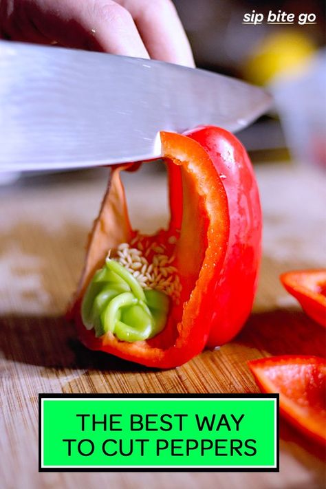 Watch this video on the best way to cut peppers! See step by step how to cut bell peppers into strips for fajitas and stir fry recipes with this video guide. | www.sipbitego.com #peppers #fajitas #stirfry #vegetarian #whole30 #bellpepper Yellow Cornbread, Skillet Recipes, Fry Recipes, Healthier Food, Bbq Sauce Recipe, Cooking 101, Lifestyle Blogs, Chopping Block, Fun Easy Recipes