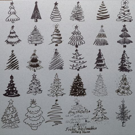 Drawing different 33 Christmas trees. From simple primitive to complicated fir trees.  Everyone's beautiful!! I came up with many different sketchs. Christmas Trees Drawing, Xmas Tree Drawing, Tree Drawing Sketch, Simple Christmas Tree Drawing, Simple Christmas Trees, Christmas Tree Drawing Easy, Trees Tutorial, Christmas Tree Sketch, Sketch Christmas