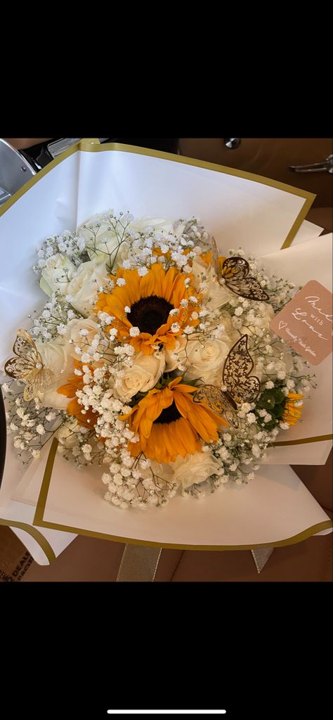 Flower bouquet- sunflowers, baby’s breath, white roses. #heavenlyblushgarden Sunflower Bouquet With Roses, White And Sunflower Bouquet, Sunflower With Roses Bouquet, Sunflower White Rose Bouquet, White Roses And Sunflower Bouquet, Tulip Sunflower Bouquet, Sun Flower Bouquet Simple, Sunflower And White Rose Bouquet, Small Sunflower Bouquet