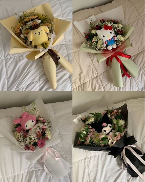 Stuff Animal Bouquet, Cinnamoroll Flower Bouquet, Best Friend Bouquet, Anime Flower Bouquet, Pompompurin Bouquet, Ramen Bouquet, Flower Bouquet Ideas Gift, Birthday Gift Ideas Boyfriend, Anime Bouquet