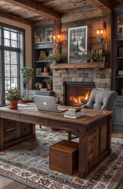 Rustic Home Office Ideas, Office With Fireplace, Cabin Office, Chic Office Decor, Rustic Home Offices, Rustic Office, Beautiful Office, Chic Office, Home Office Setup