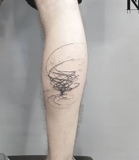 Abstract storm tattoo on the right calf Storm Tattoos For Guys, Fine Line Storm Tattoo, Storm Tattoo Ideas, Storm Tattoo For Women, Warning Tattoo, Wind Tattoo Ideas, Abstract Tornado, Storm Tattoos, Tornado Tattoo