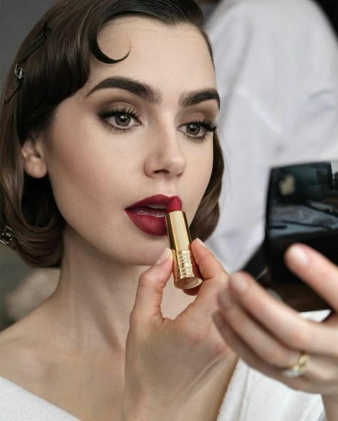 Lily Collins Makeup, Snow White Makeup, Lily Jane Collins, Lily Collins Hair, Deep Red Lipsticks, Wedding Hairstyles And Makeup, Dark Red Lips, Pale Girl, Red Lip Makeup