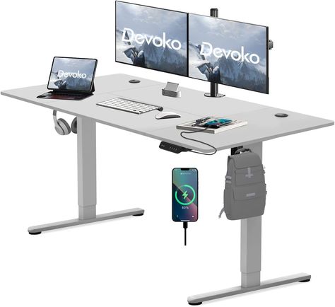 Electric Standing Desk Type C & A Charging and 3-Function Memory, Mobile Computer Desk with Anti-Collision System and 360° Wheels (Grey) Rising Desk, Standing Desk Height, Standing Desk Ergonomics, Desk With Keyboard Tray, Electric Standing Desk, Adjustable Height Standing Desk, Stand Up Desk, Desk Height, Adjustable Standing Desk