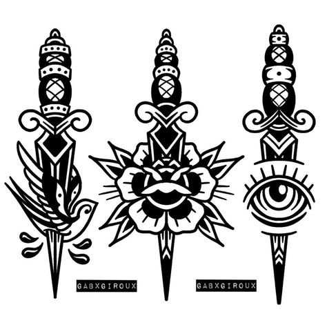 Traditional Dagger Tattoo, Traditional Tattoo Stencils, Traditional Tattoo Drawings, Gothic Tattoos, Traditional Black Tattoo, Traditional Tattoo Old School, Traditional Tattoo Inspiration, Traditional Tattoo Flowers, Traditional Tattoo Sleeve